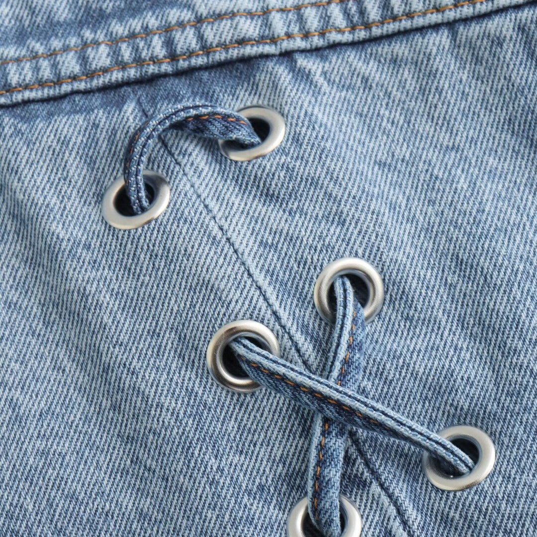 Damen nan cropped Oversize-Jeansjacke mit Tunnelzugsaum, aufgesetzten Brusttaschen und Metallknopfleiste Drune