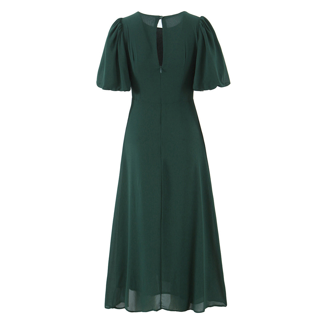 Damen elegantes Maxikleid mit voluminösen Puffärmeln und schwingendem Rock Drune