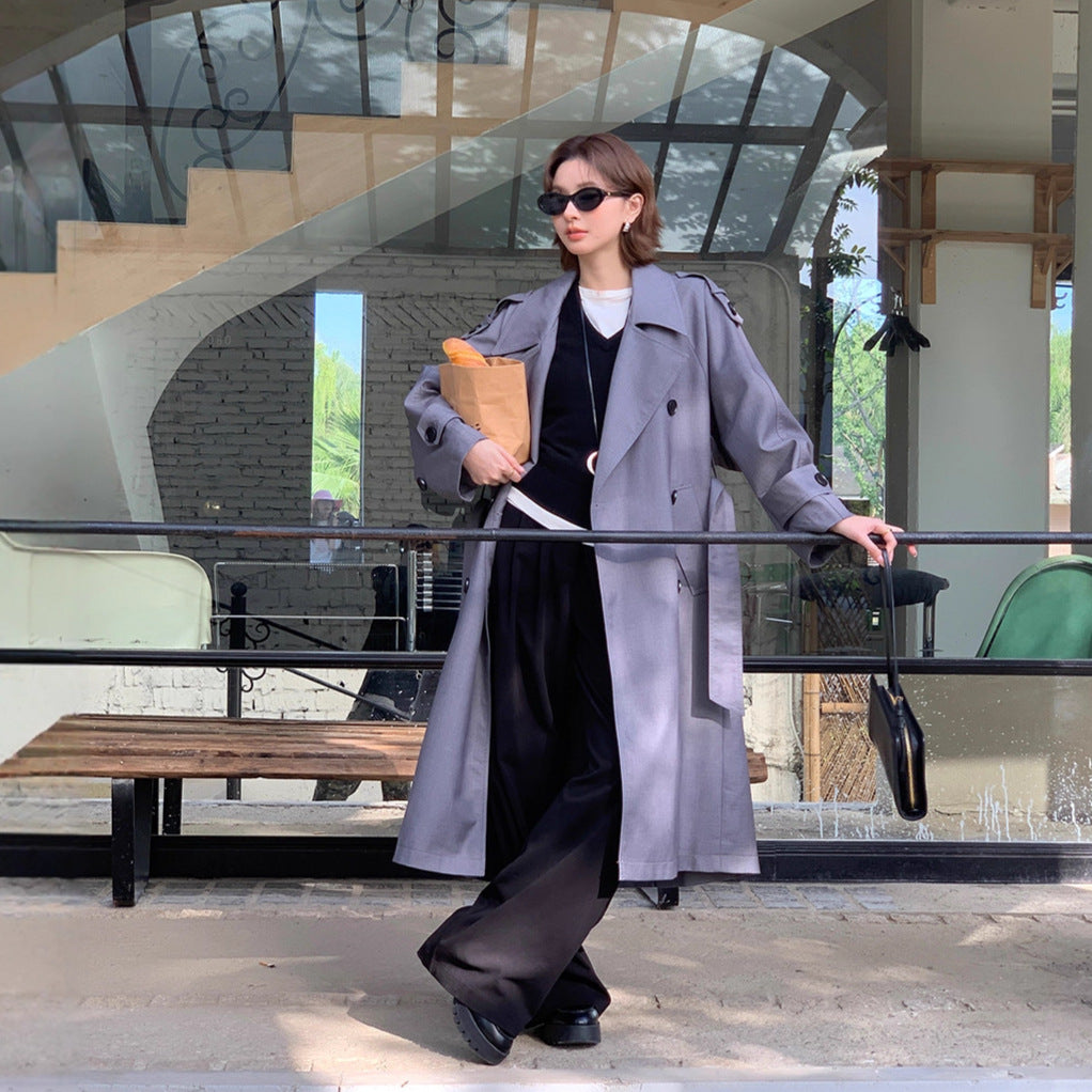 Damen Langer Trenchcoat im Oversize‑Look mit Bindegürtel und Schulterpatten Drune