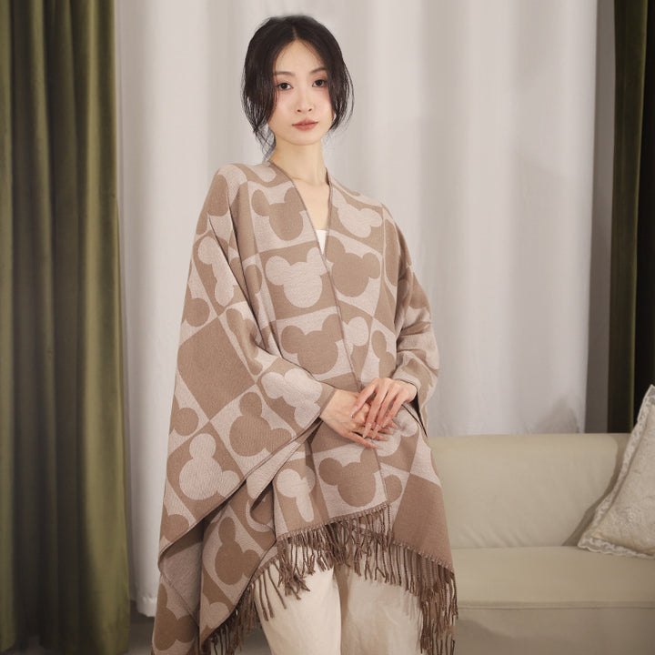 Damen Oversize-Poncho mit Fransen und figurativem Jacquardmuster aus Wollmix Drune