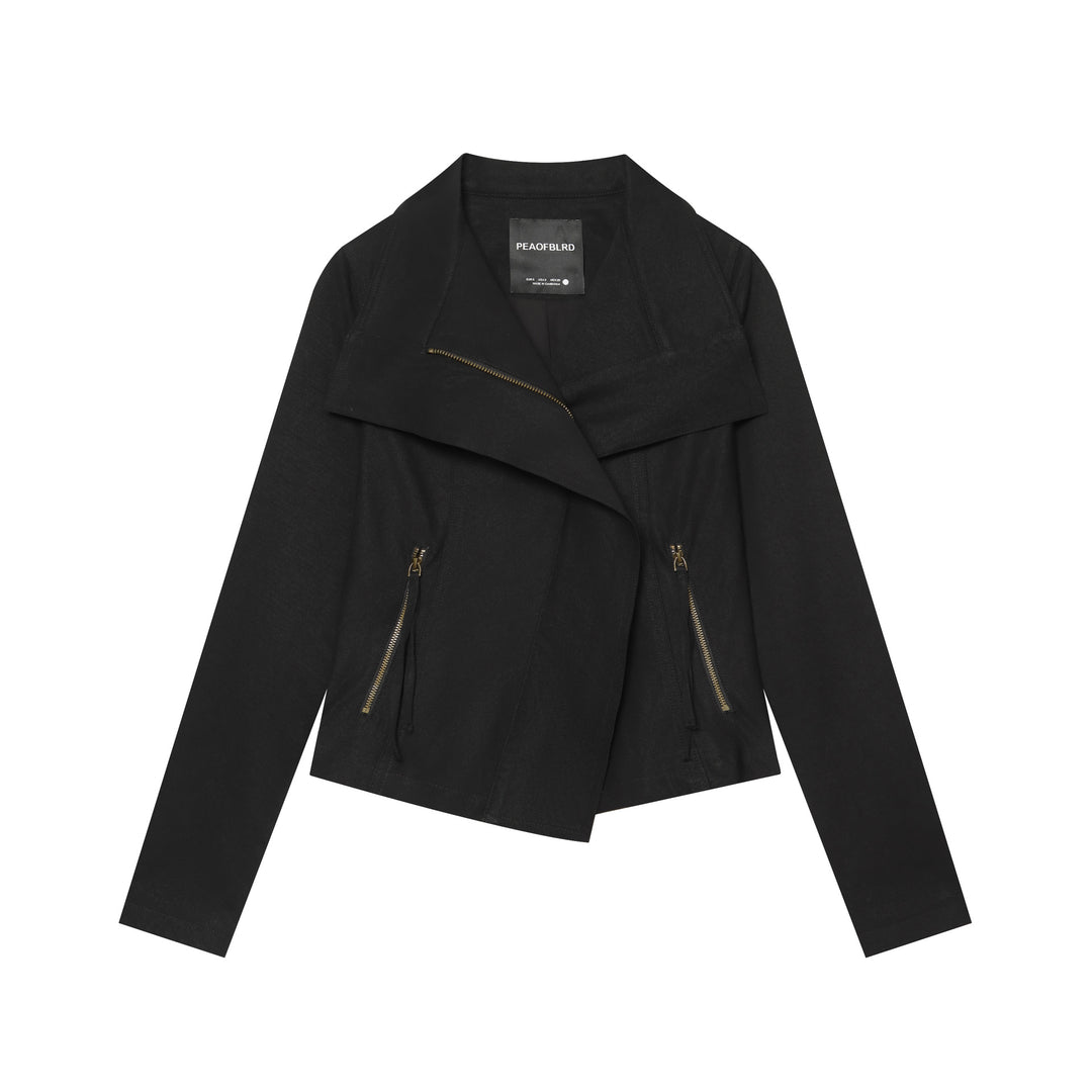 Damen nan asymmetrische Kurzjacke mit überlappendem Wasserfallkragen, verdecktem Reißverschluss und dekorativen Zipper-Taschen Drune