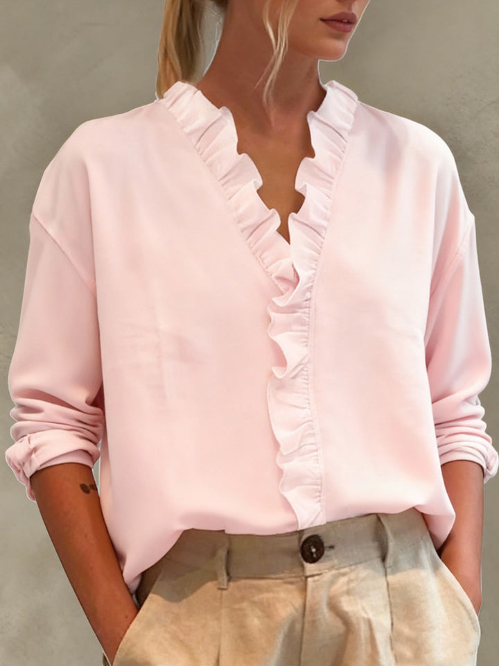 Damen Elegante V-Ausschnitt Bluse mit Volantbesatz und lockerem Oversize-Schnitt Drune