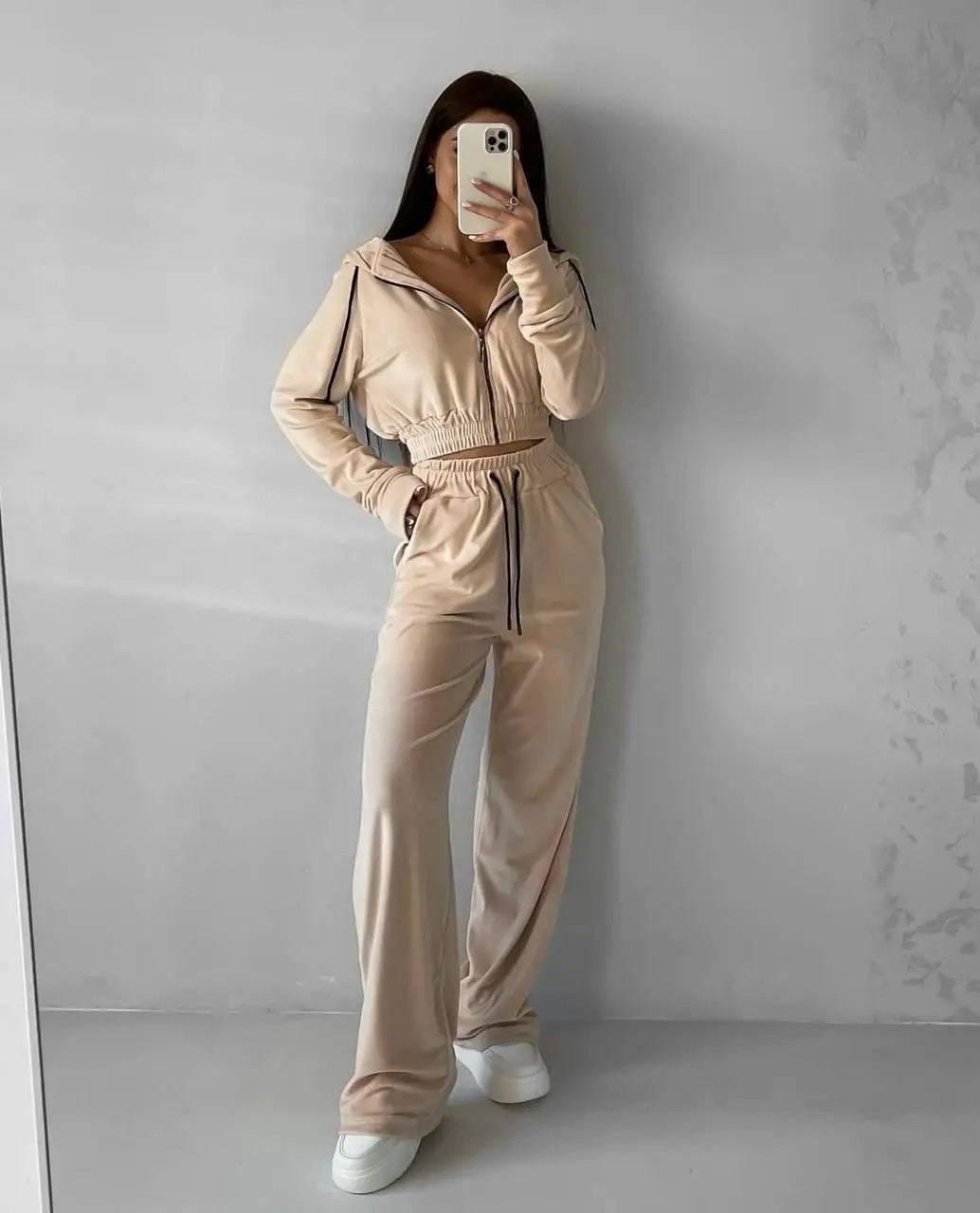 Damen Samt-Loungewear-Set mit Cropped Zip-Kapuzenjacke und weiter Palazzohose Drune