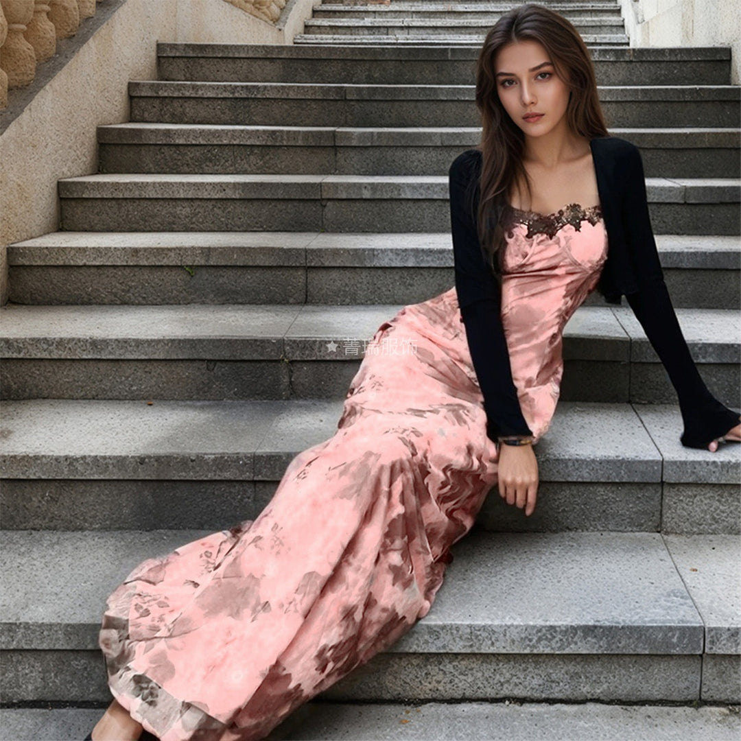 Damen Elegantes Maxikleid mit Spitzenverzierungen und tiefem V-Ausschnitt Drune