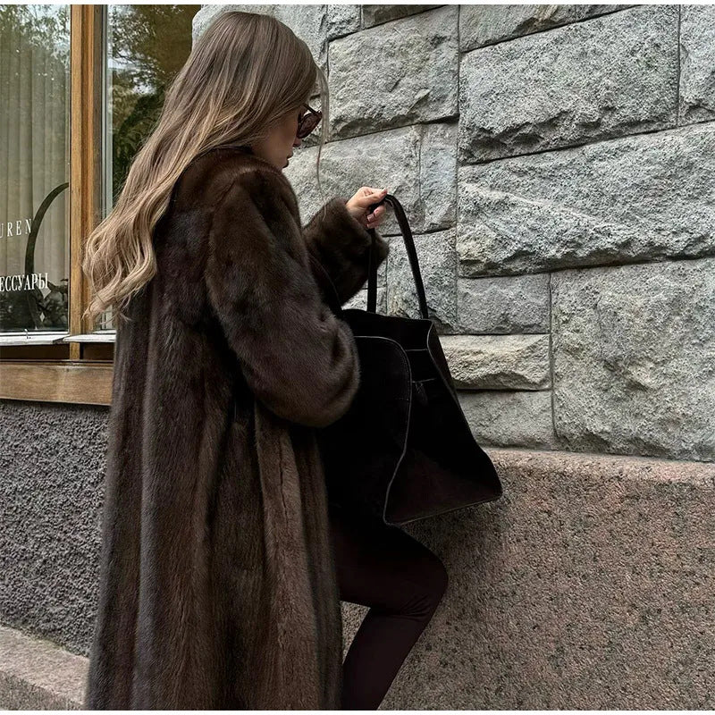 Damen Luxuriöser Kunstfellmantel mit weitem Schnitt und eleganten Details Drune