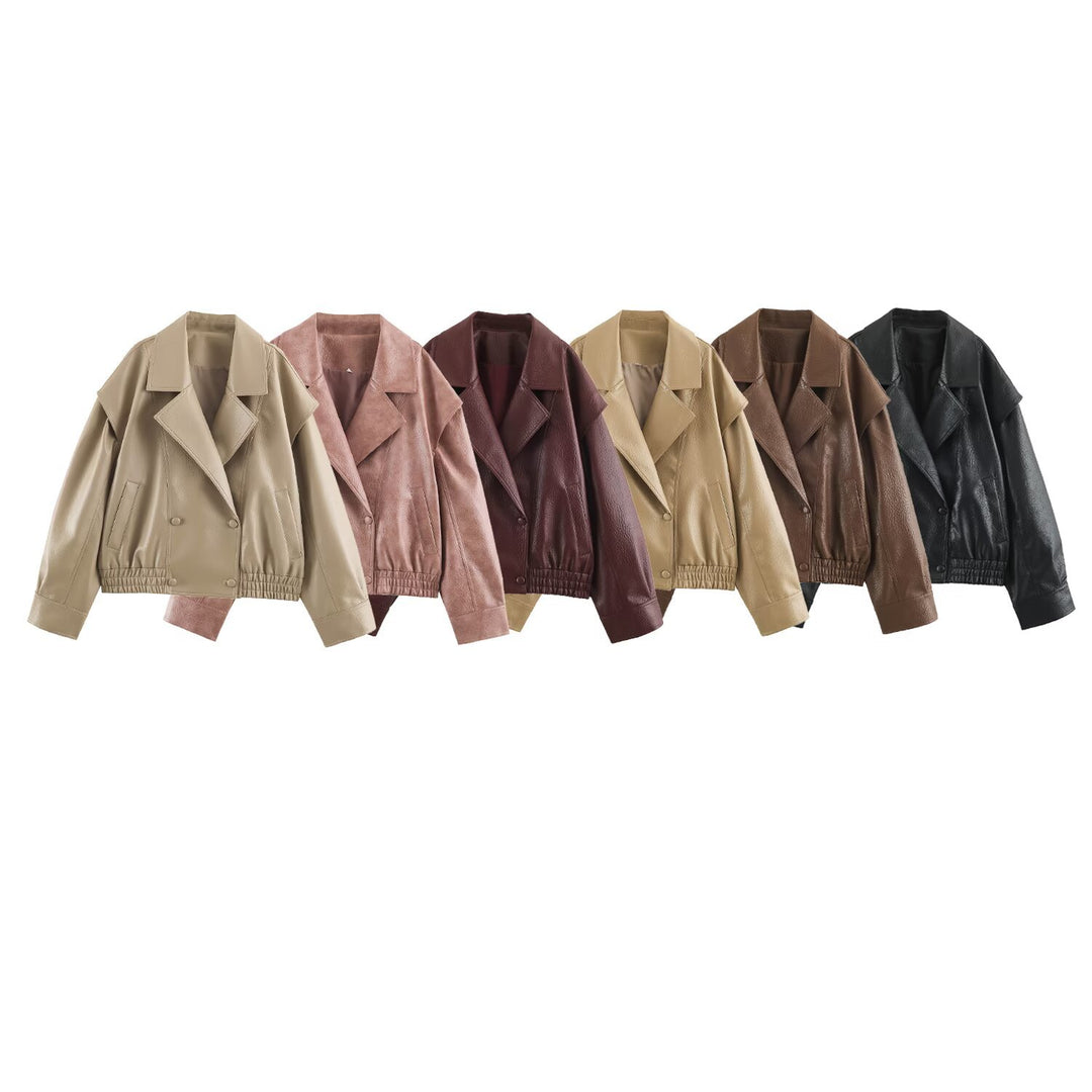 Damen Oversize Kunstlederjacke mit Doppelreihe, weitem Revers und elastischem Saum Drune