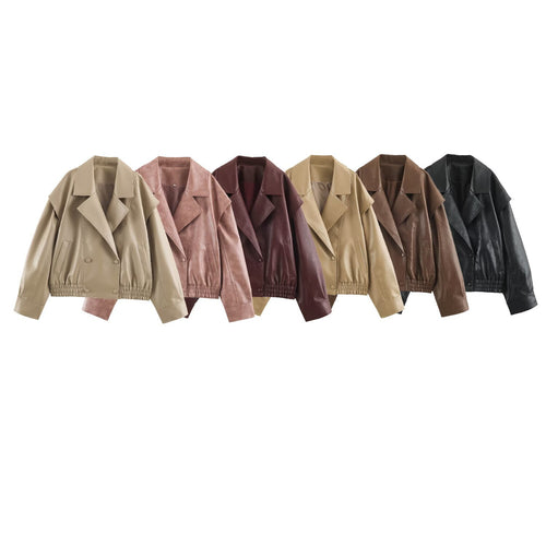 Damen Oversize Kunstlederjacke mit Doppelreihe, weitem Revers und elastischem Saum Drune