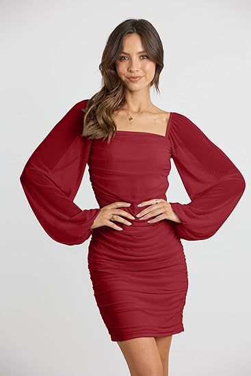Damen figurbetontes Minikleid mit Puffärmeln und quadratischem Ausschnitt Drune