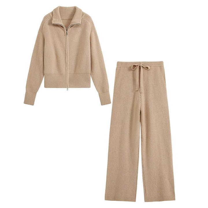 Damen Feinstrukturiertes Strick-Set mit Zipp-Cardigan und weiter Hose Drune