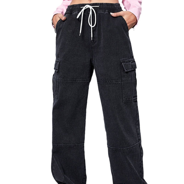 Damen Weite Cargo-Denimhose mit Tunnelzugbund, Oversize‑Cut und aufgesetzten Taschen Drune