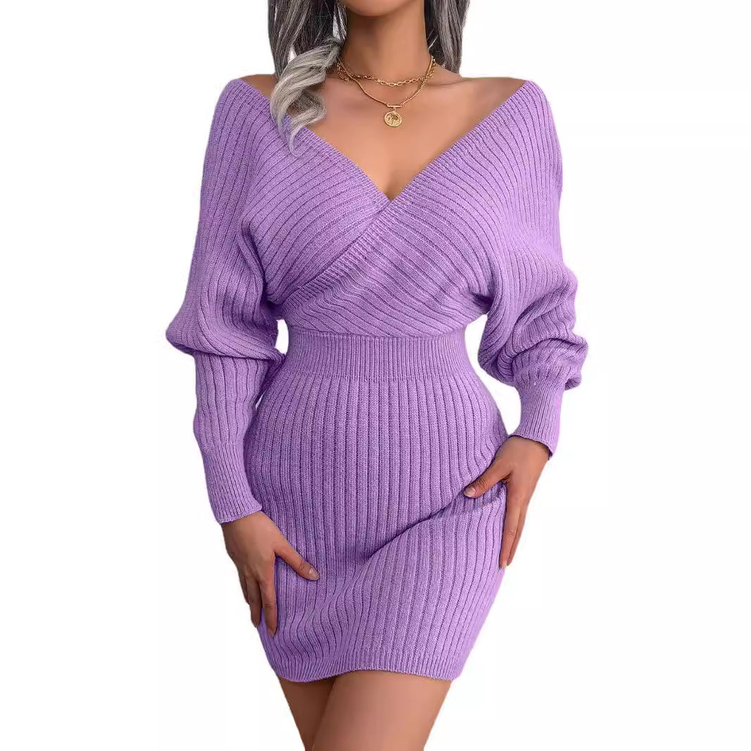 Damen Strickkleid mit tiefem V-Ausschnitt und voluminösen Ärmeln Drune
