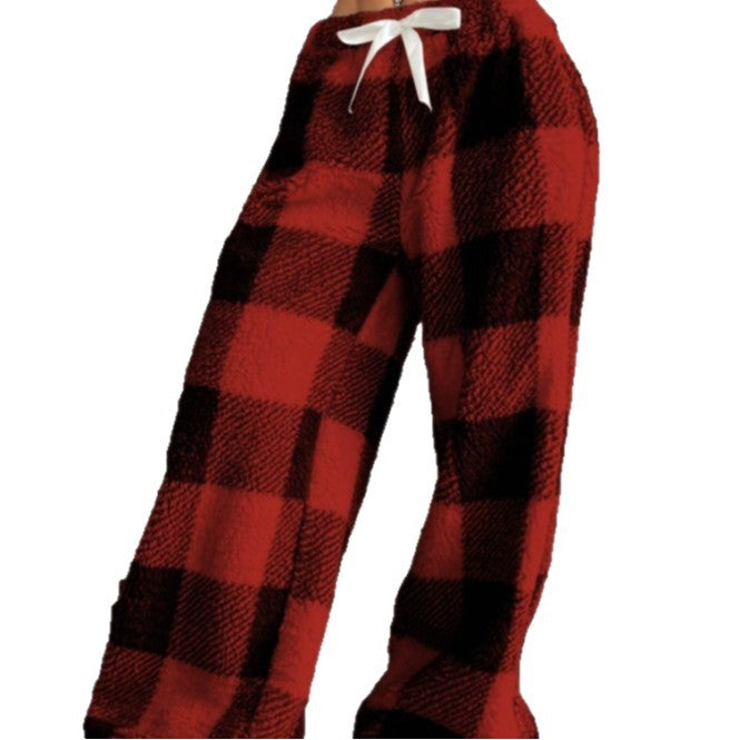 Damen nan kuschelige karierte Fleece-Hose mit Tunnelzugbund und weitem Bein Drune