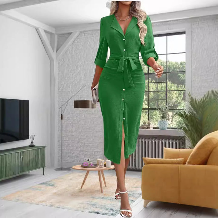 Damen Tailliertes Hemdblusen-Midikleid mit Bindegürtel, durchgehender Knopfleiste und Dreiviertelärmeln Drune
