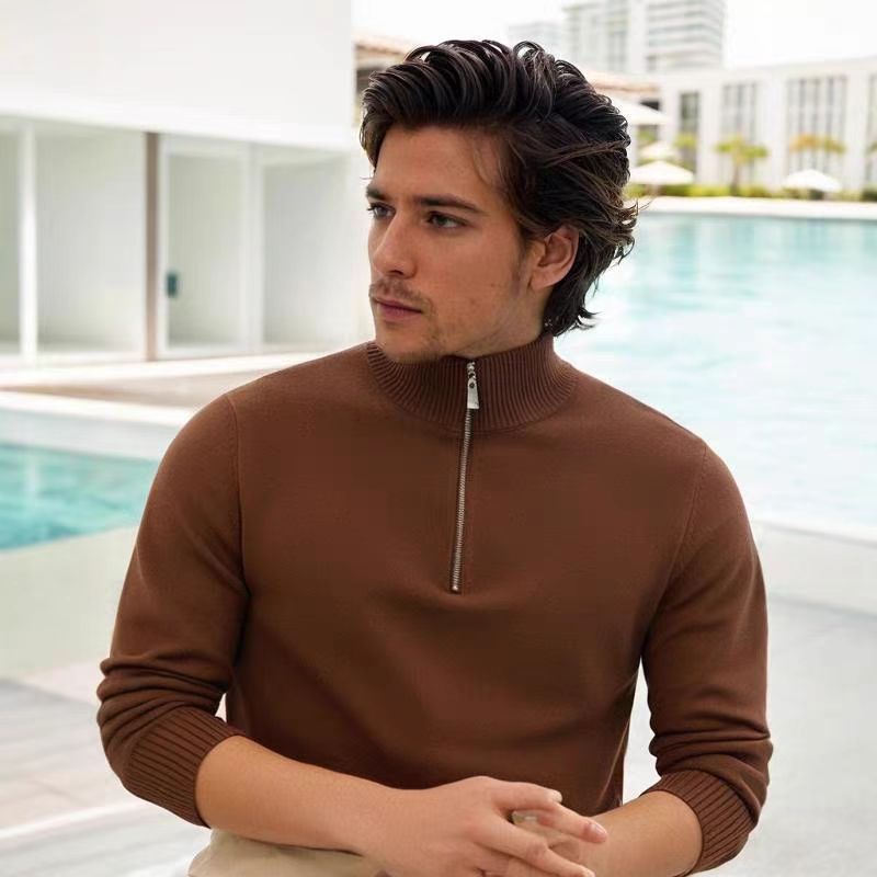Herren Feinstrick-Halbzip-Pullover mit Stehkragen und Rippbündchen Drune