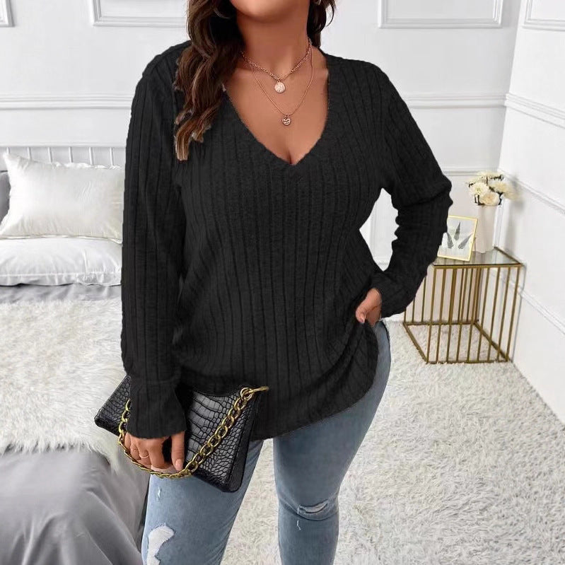Damen Langarm V-Ausschnitt Shirt mit feiner Rippstruktur Drune