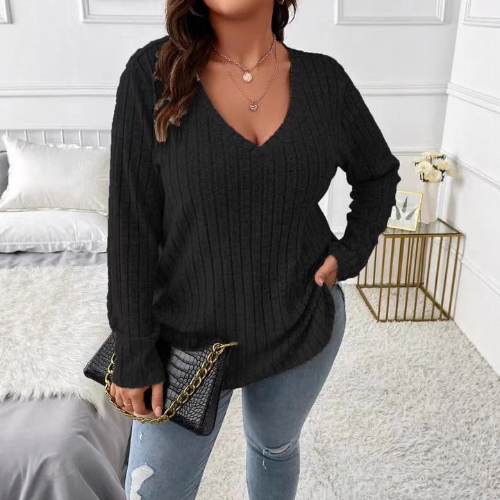 Damen Langarm V-Ausschnitt Shirt mit feiner Rippstruktur Drune