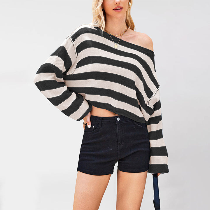 Damen lässiger gestreifter Pullover im cropped Schnitt Drune