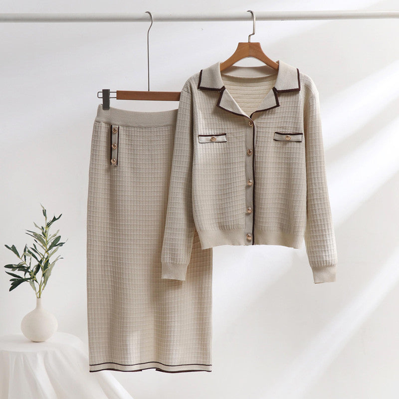 Damen elegantes Strickensemble mit dekorativem Kragen und aufgesetzten Taschen Drune