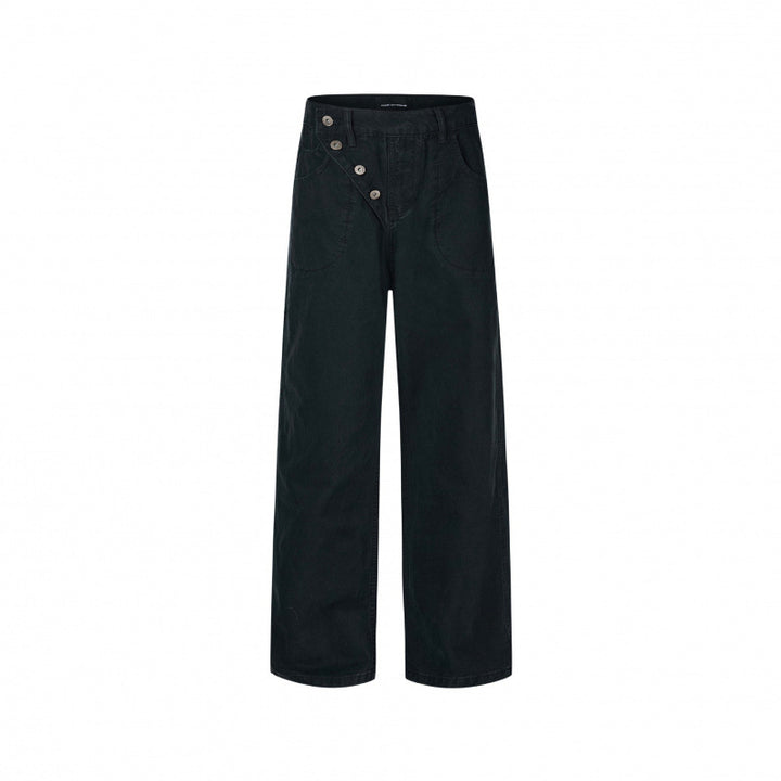 Damen Weite High-Waist-Hose mit asymmetrischer Knopfblende und aufgesetzten Taschen Drune