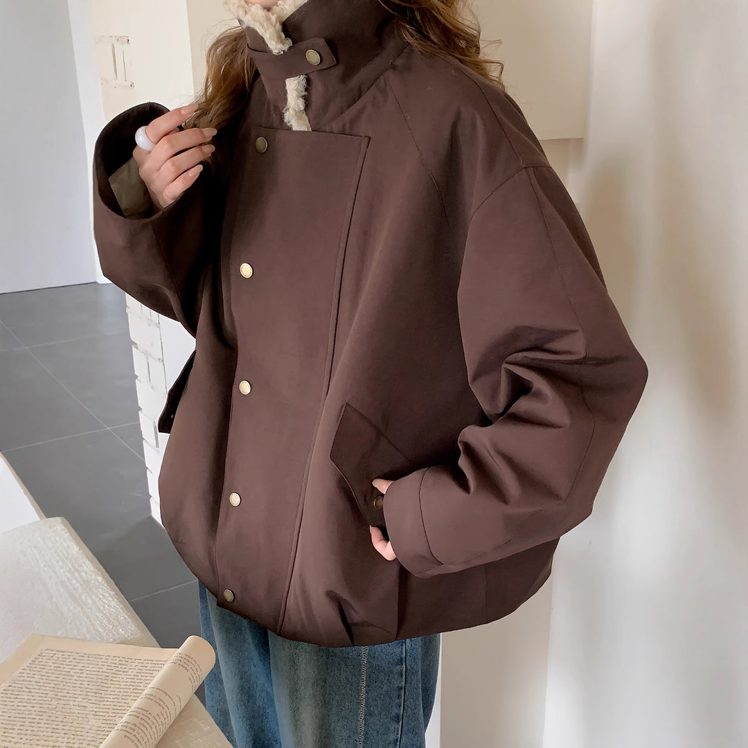 Damen Oversize-Utilityjacke mit hohem Teddykragen und Druckknopfleiste Drune