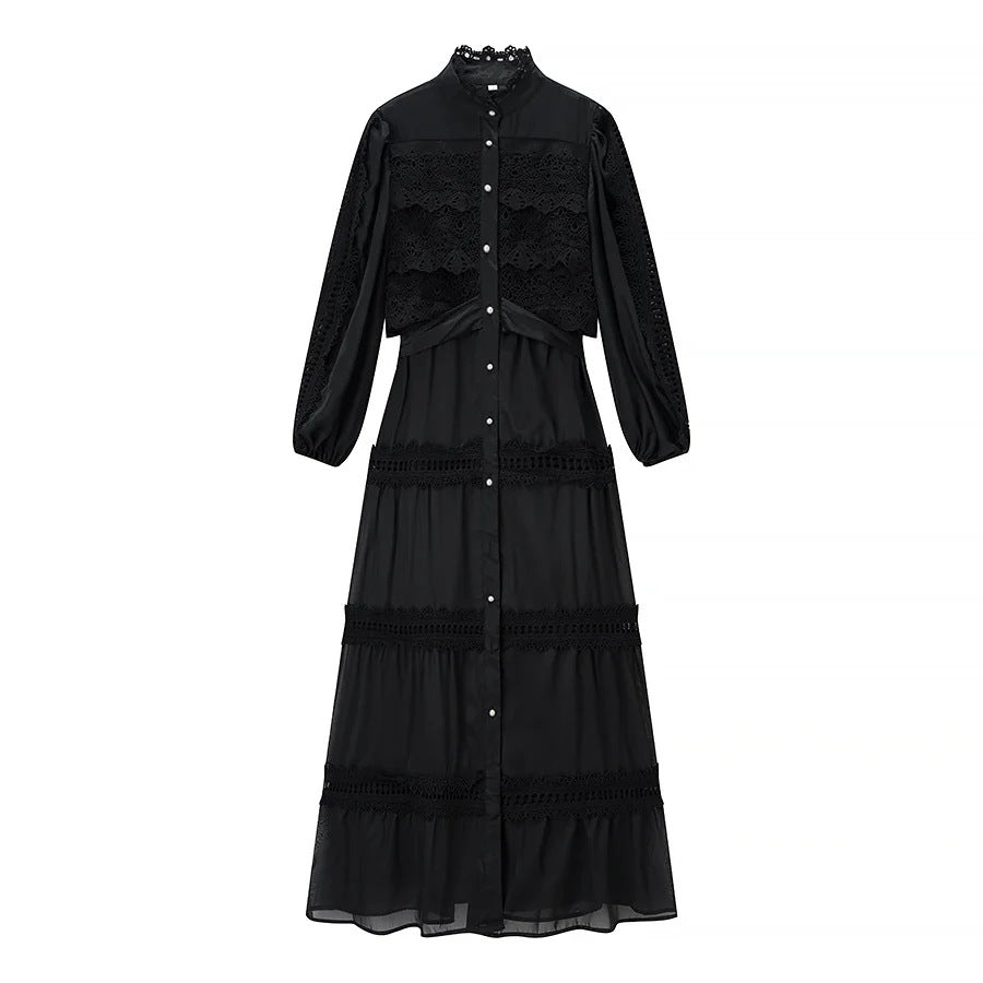 Damen nan romantisches Maxikleid mit Stehkragen, Knopfleiste und gehäkelten Spitzeneinsätzen Drune