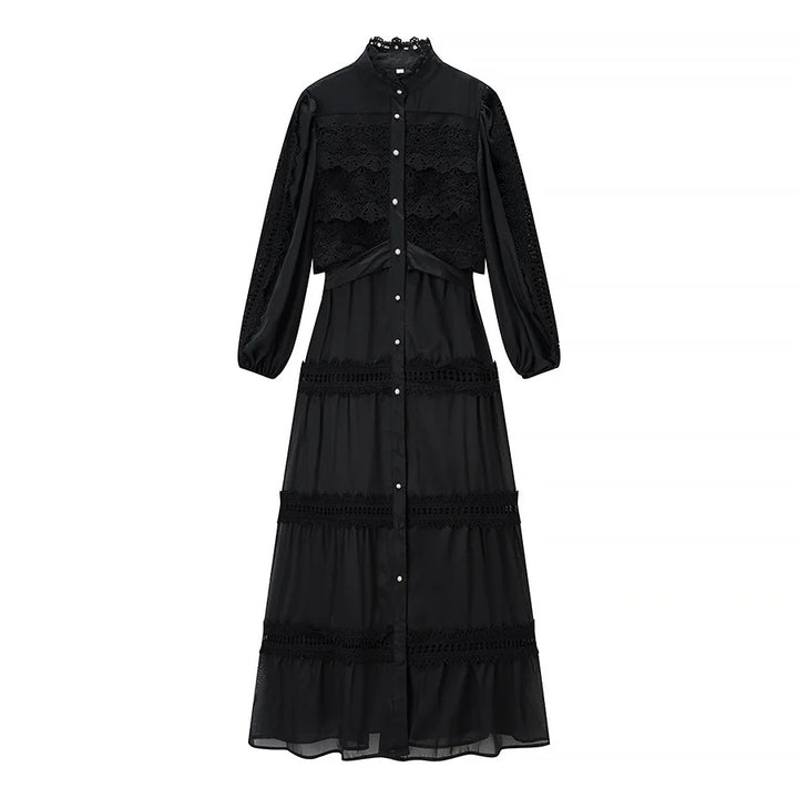 Damen nan romantisches Maxikleid mit Stehkragen, Knopfleiste und gehäkelten Spitzeneinsätzen Drune