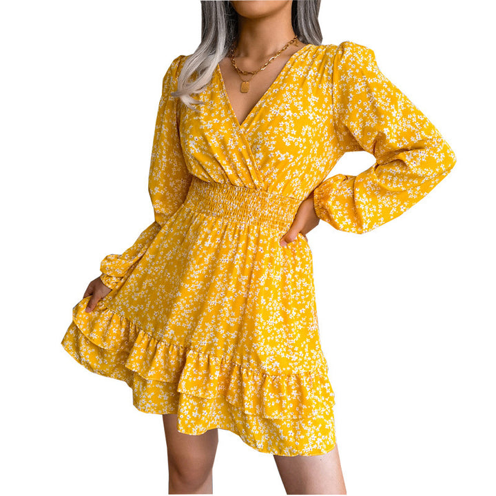 Damen romantisches Blumenkleid mit V-Ausschnitt und Rüschendetails Drune