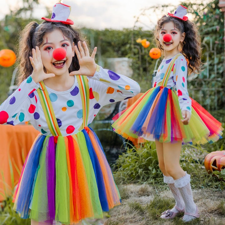 Mädchen Clownkostüm mit bunten Punkten und Tüllrock Drune