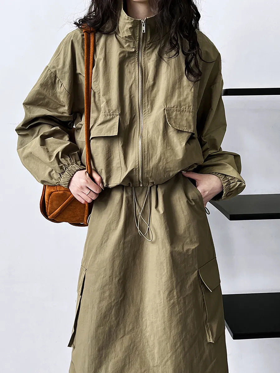 Damen praktische Utility-Jacke mit hohem Kragen und Taillenregulierung