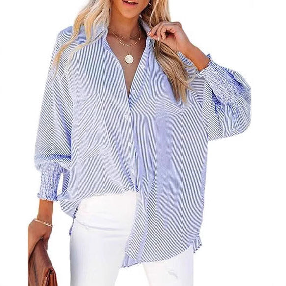 Damen legere Hemdbluse mit modischen Rüschenärmeln und Streifenmuster Drune