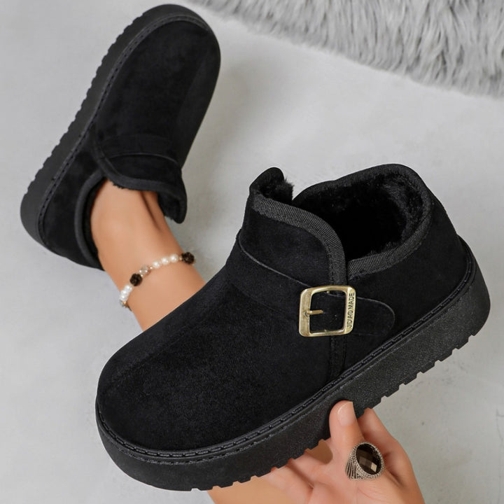 Damen Gefütterte Kurzschaft-Stiefel in Wildleder-Optik mit Plateau und Schnallenriemen Drune