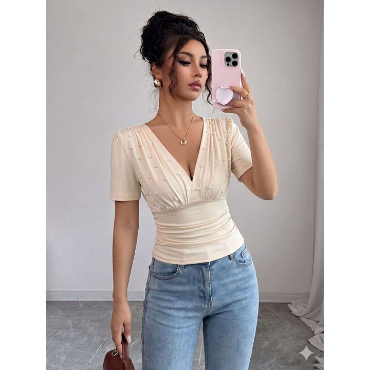 Damen elegante Bluse mit Perlen-Detail Drune