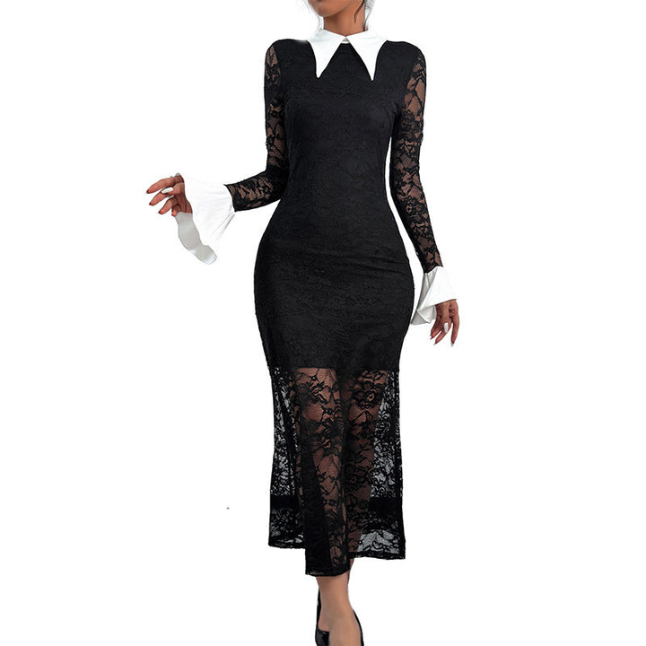 Damen Elegantes Spitzenkleid mit Kontrastkragen Drune