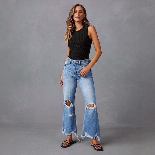 Damen Flared Jeans mit stylischen Rissdetails und ausgefransten Säumen Drune
