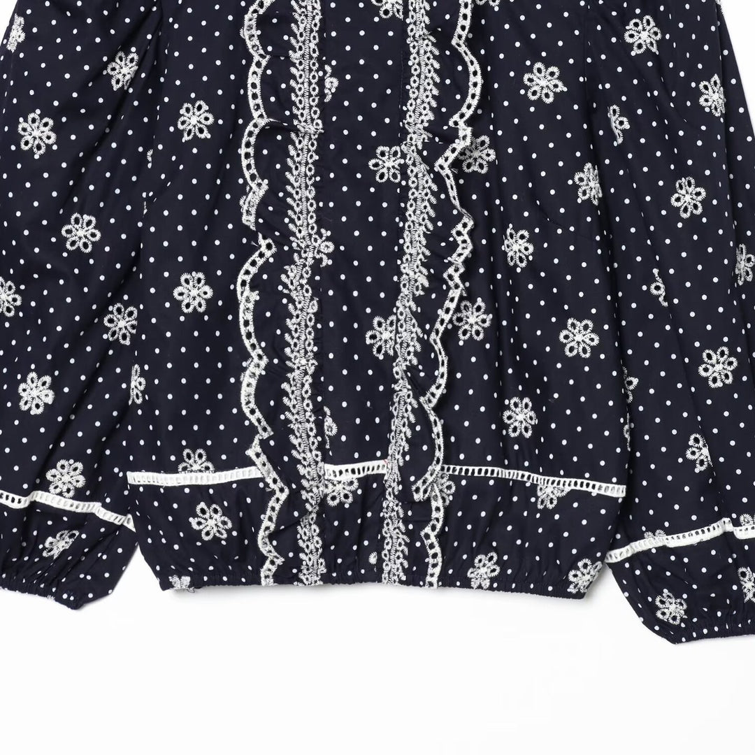 Damen Bestickte Polka-Dot Bluse mit Rüschen und Ballonärmeln Drune