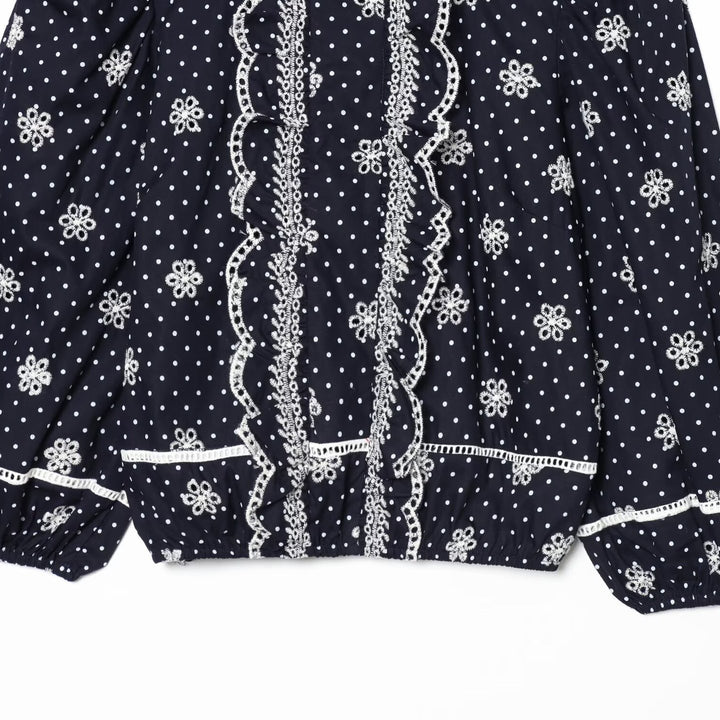 Damen Bestickte Polka-Dot Bluse mit Rüschen und Ballonärmeln Drune