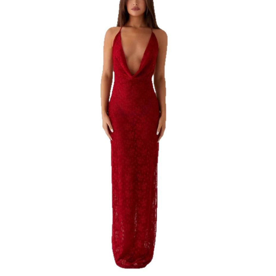 Damen Elegantes Abendkleid aus feiner Spitze mit tiefem V-Ausschnitt Drune