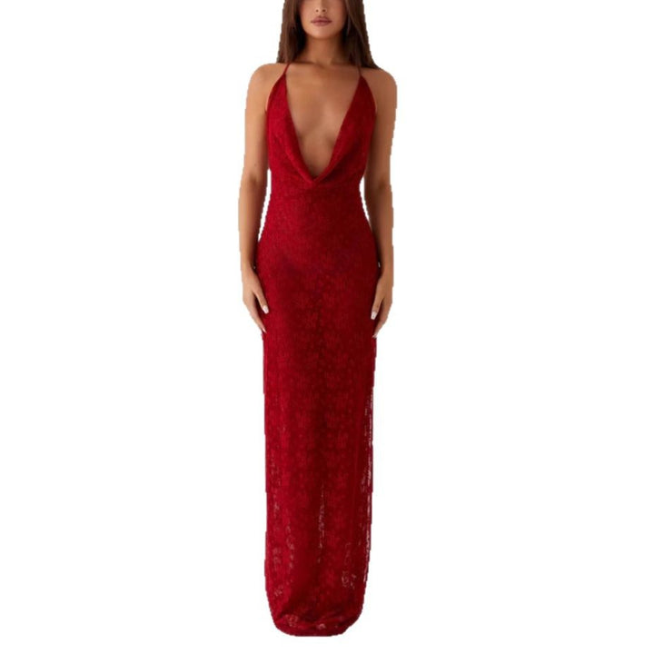 Damen Elegantes Abendkleid aus feiner Spitze mit tiefem V-Ausschnitt Drune
