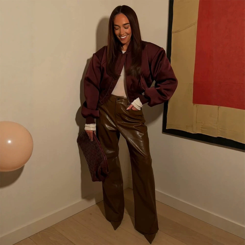 Damen Kurzer Satin‑Bomber mit kastiger Silhouette, Pattentaschen und elastischem Bündchen Drune