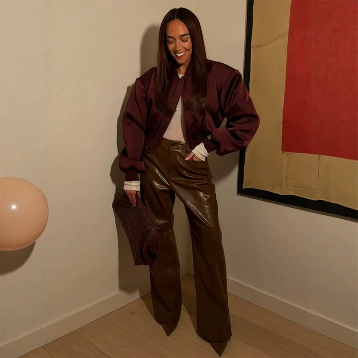 Damen Kurzer Satin‑Bomber mit kastiger Silhouette, Pattentaschen und elastischem Bündchen Drune