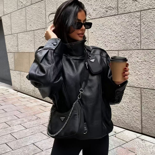 Damen nan oversize Kunstlederblouson mit hohem Stehkragen, asymmetrischer Druckknopfleiste, Schulterklappen und elastischem Saum Drune