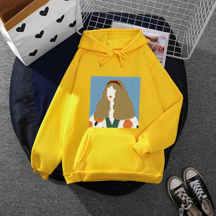 Damen nan Kapuzenpullover mit kunstvoller Chenille-Stickerei im Portraitstil und Kängurutasche Drune