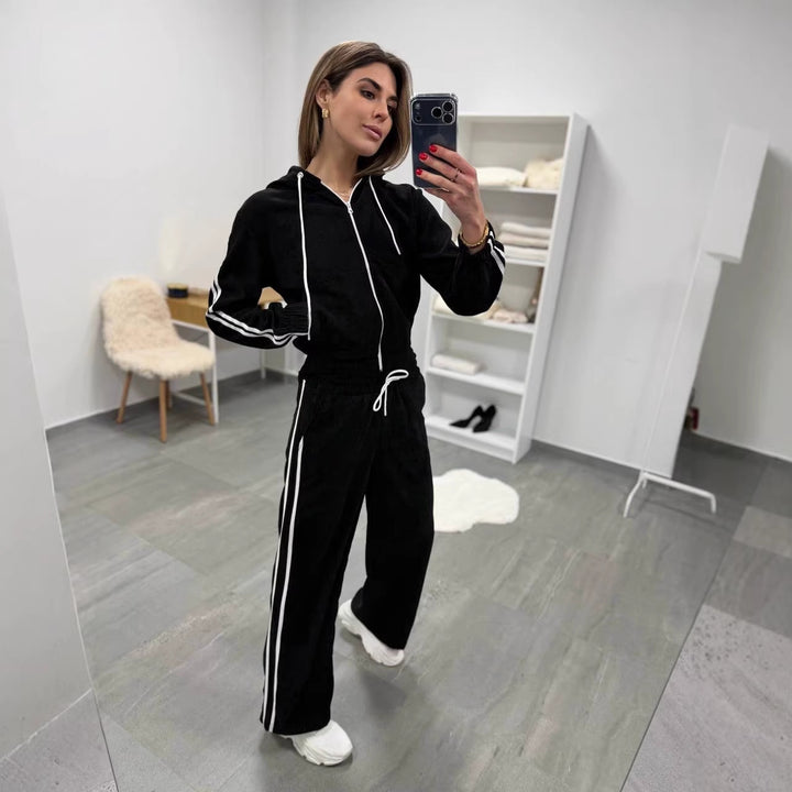Damen Cord-Jogginganzug mit Kapuze, seitlichen Kontraststreifen, Tunnelzug und elastischen Saumbündchen Drune