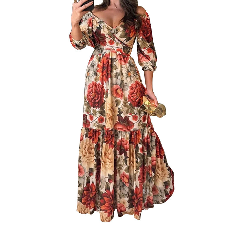 Damen Florales Maxikleid mit schulterfreiem Design und Rüschensaum Drune