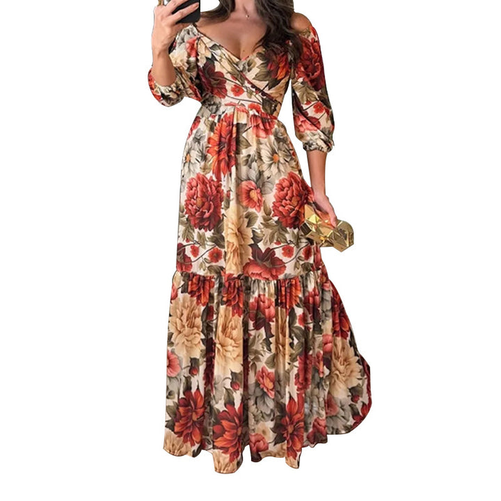 Damen Florales Maxikleid mit schulterfreiem Design und Rüschensaum Drune