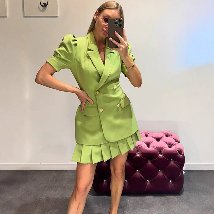 Damen Doppelreihiges Blazerkleid mit Puffärmeln und plissiertem Saum Drune