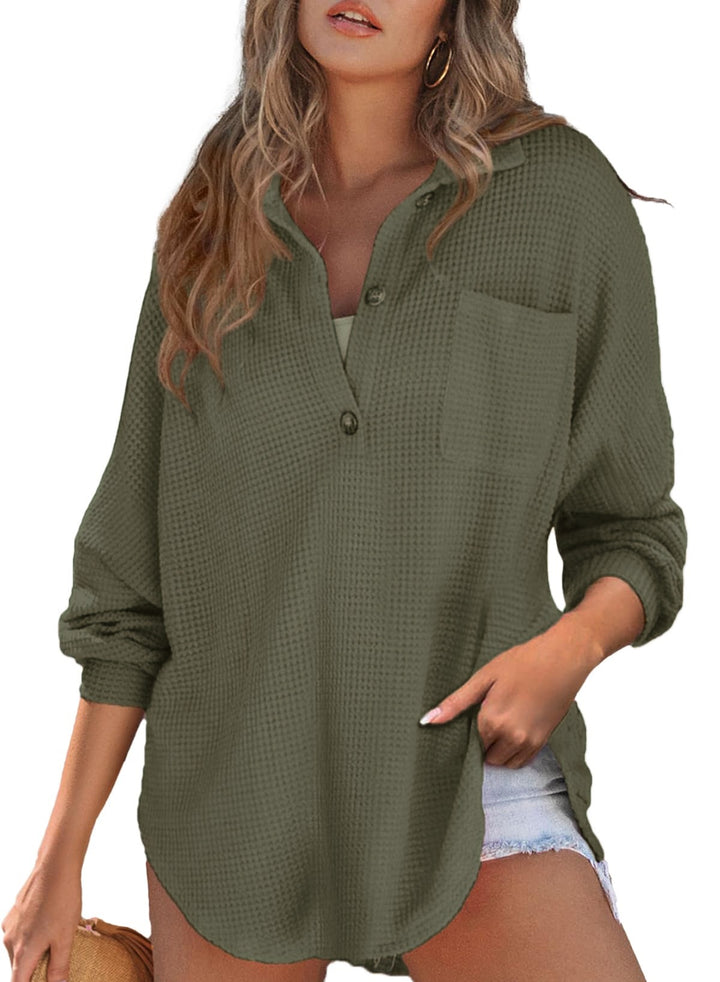 Damen Oversize Waffelstrick-Hemdbluse mit Kentkragen, Brusttasche und gerundetem Saum Drune