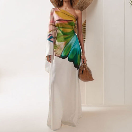 Damen Maxikleid mit asymmetrischem Design und künstlerischem Druck Drune