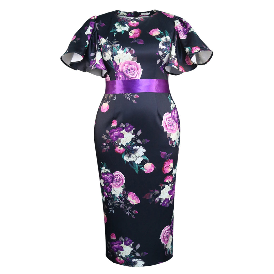Damen Elegantes Kleid mit floralem Design und Taillengürtel Drune