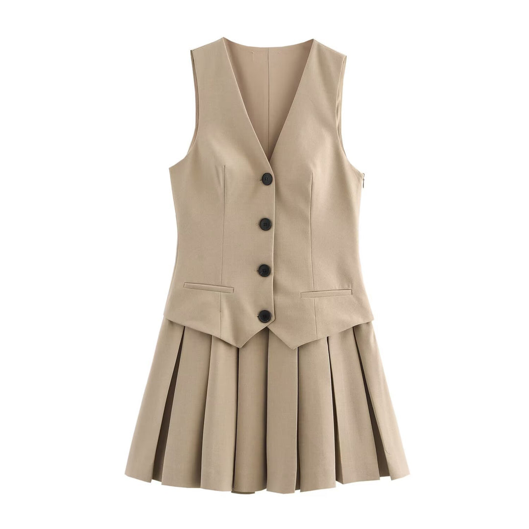 Damen Plissee-Kleid mit tailliertem Oberteil und Knopfleiste Drune